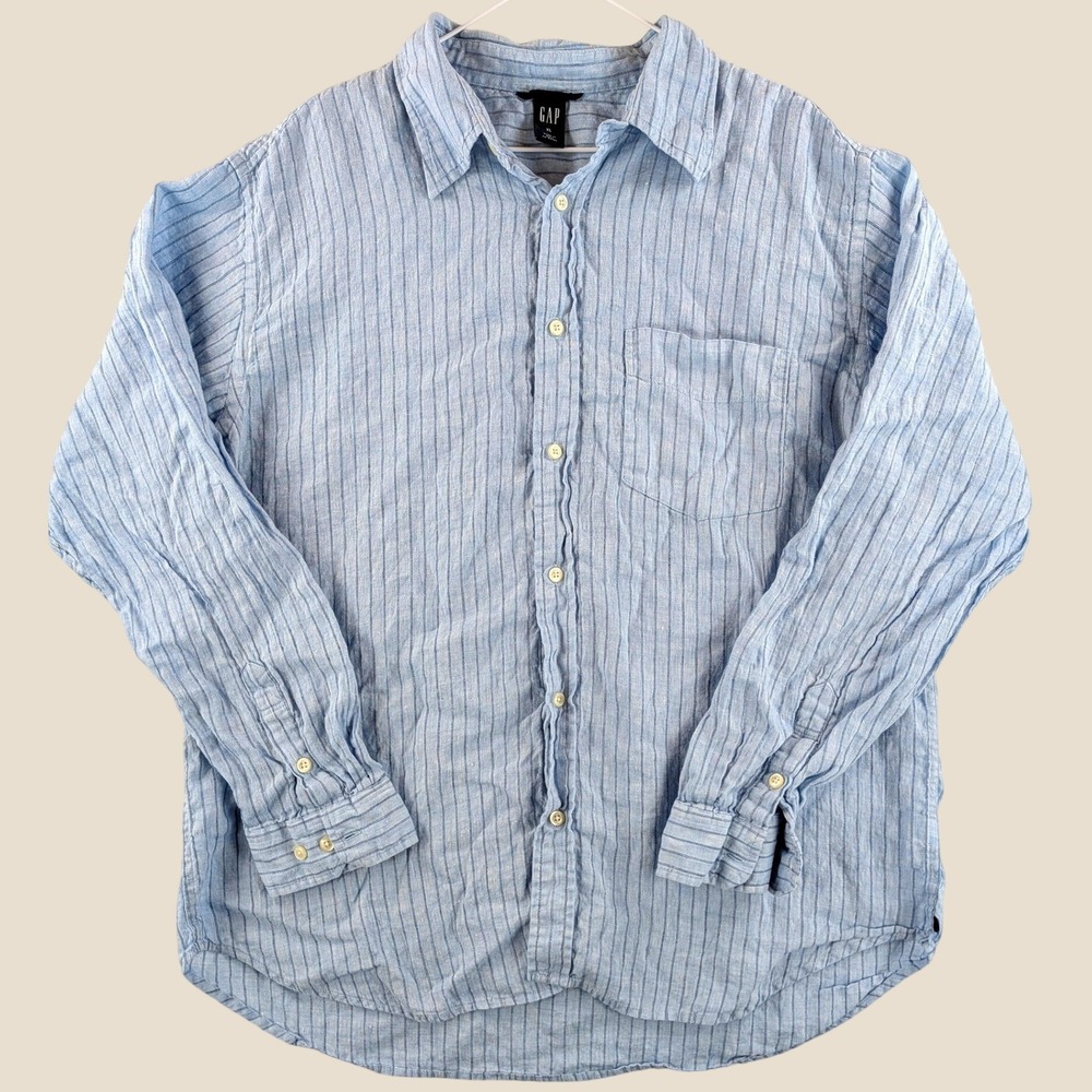 GAP Vintage 2003 Y2K Mens XL Blue Striped 100% Linen Button Down Shirt